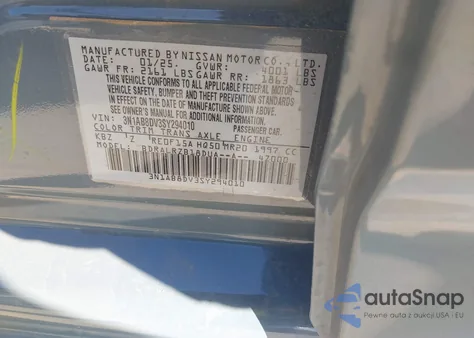 2025 Nissan Sentra Sr from USA, damaged, VIN 3N1AB8DV3SY294010